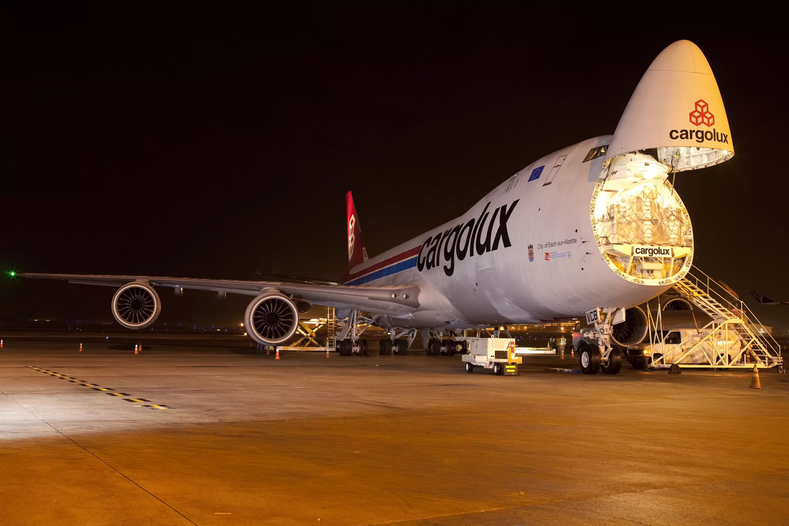 Cargolux Boeing 747 freighter on the tarmac at night — Huntsville 3PL air cargo logistics serving aerospace, defense, manufacturing, e-commerce, and global supply chain operations