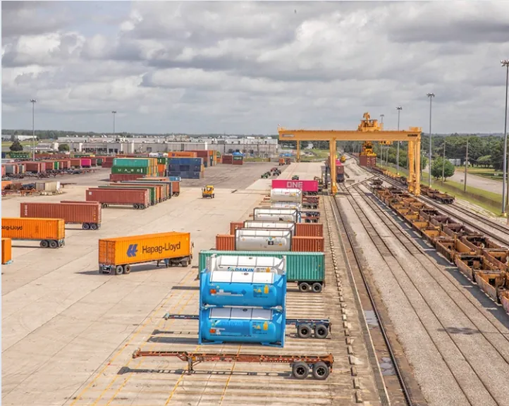 Rail intermodal yard at the Port of Huntsville, Alabama — container-to-trailer transloading and Norfolk Southern rail cargo transfers for domestic and international logistics